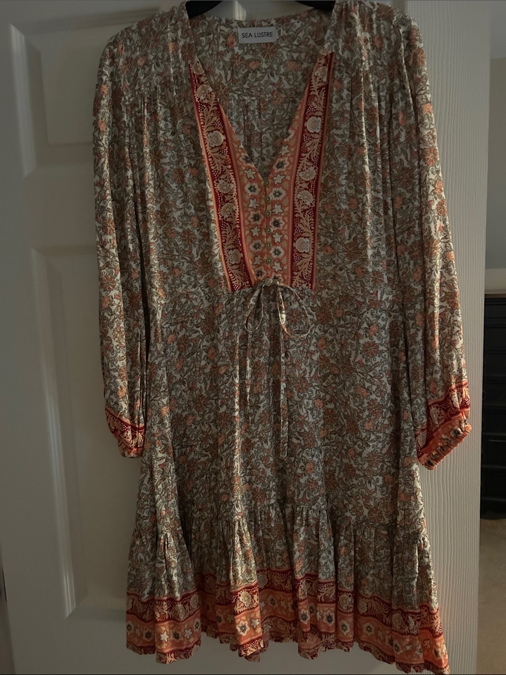 Sea Lustre Beige Floral Long-Sleeve Boho Dress with Orange Accents